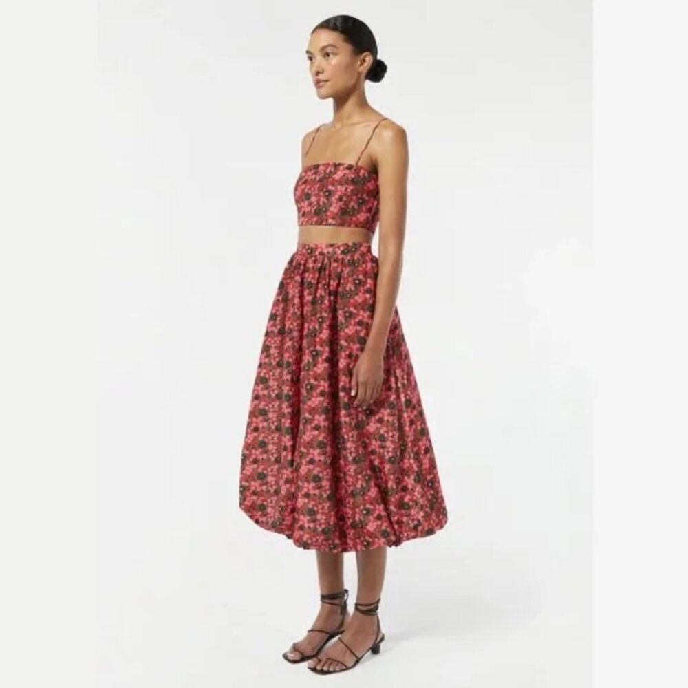 RHODE | Penny Red Pink Floral Cassandra Bubble Hem Midi Skirt - NWT